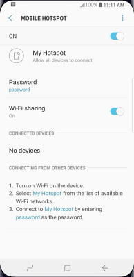 The mobile hotspot is now active. Other devices can connect to it using the network name (step 8) and password (step 10).
