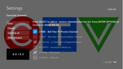 To remove a channel, scroll to the channel and press select. The check mark will be removed.