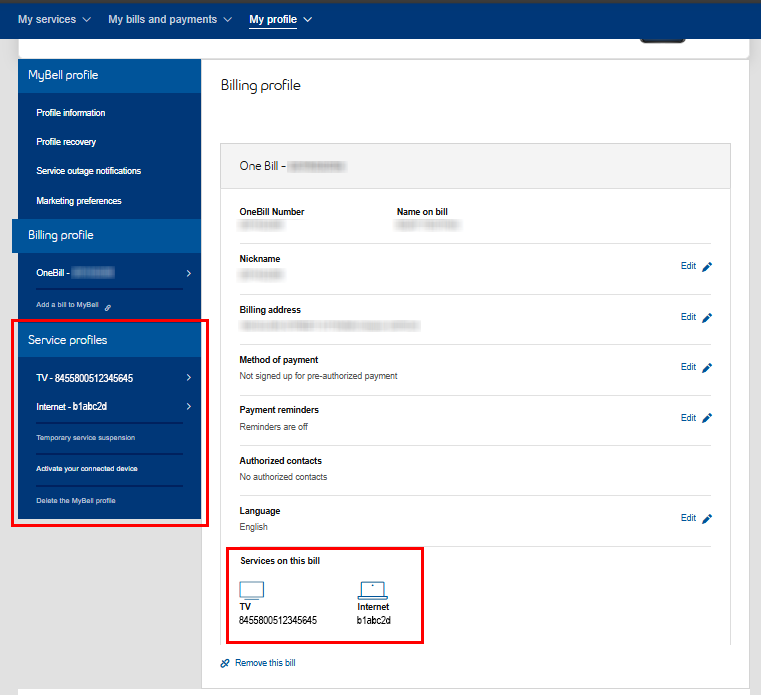 My Services section of MyBell