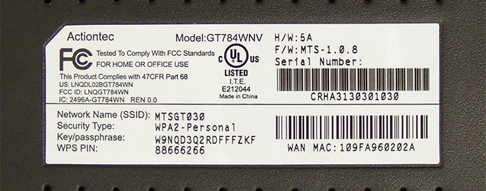 Image of bottom of the GT784WNV where the MAC address is found