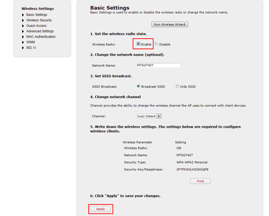 Wireless setup screen showing options to enable the wireless radio and configure network settings.
