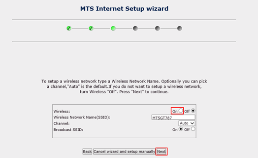 MTS HSI Setup Wizard screen to enable wireless and set the Wireless Network Name (SSID).