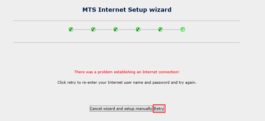 MTS HSI Setup Wizard showing connection failure with an option to retry.