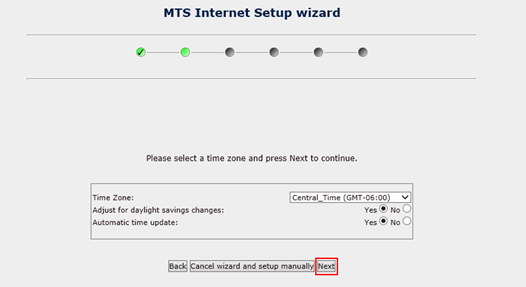 MTS HSI Setup Wizard screen for setting the timezone.