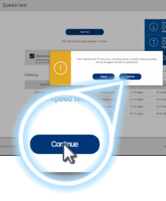 Speed test message with Continue button