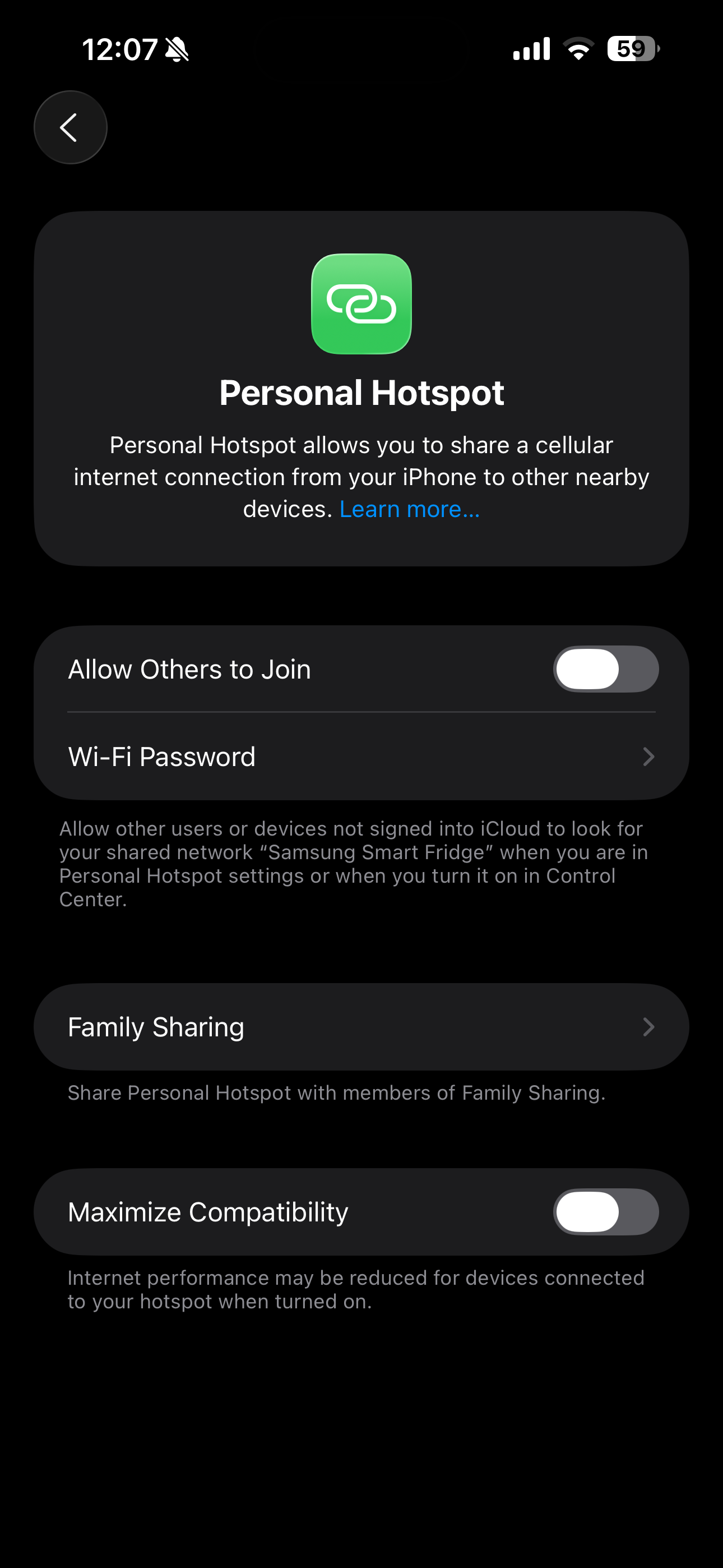 Touch the slider to activate the Personal Hotspot.