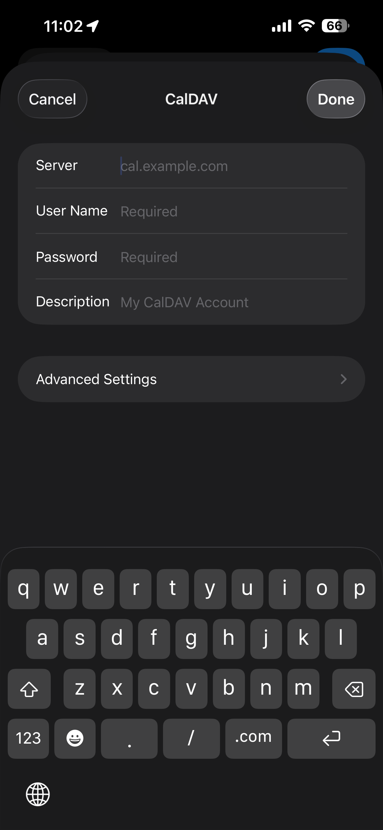 Touch Server and Enter dav.webmail.bell.net