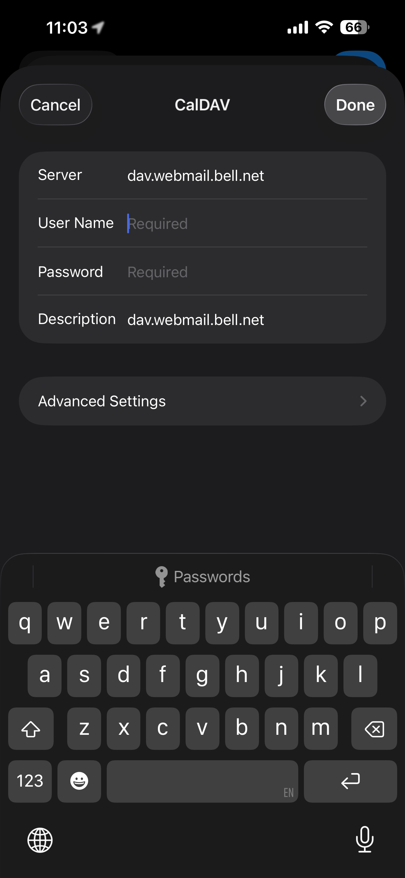 Touch User Name and enter your Bell email address.