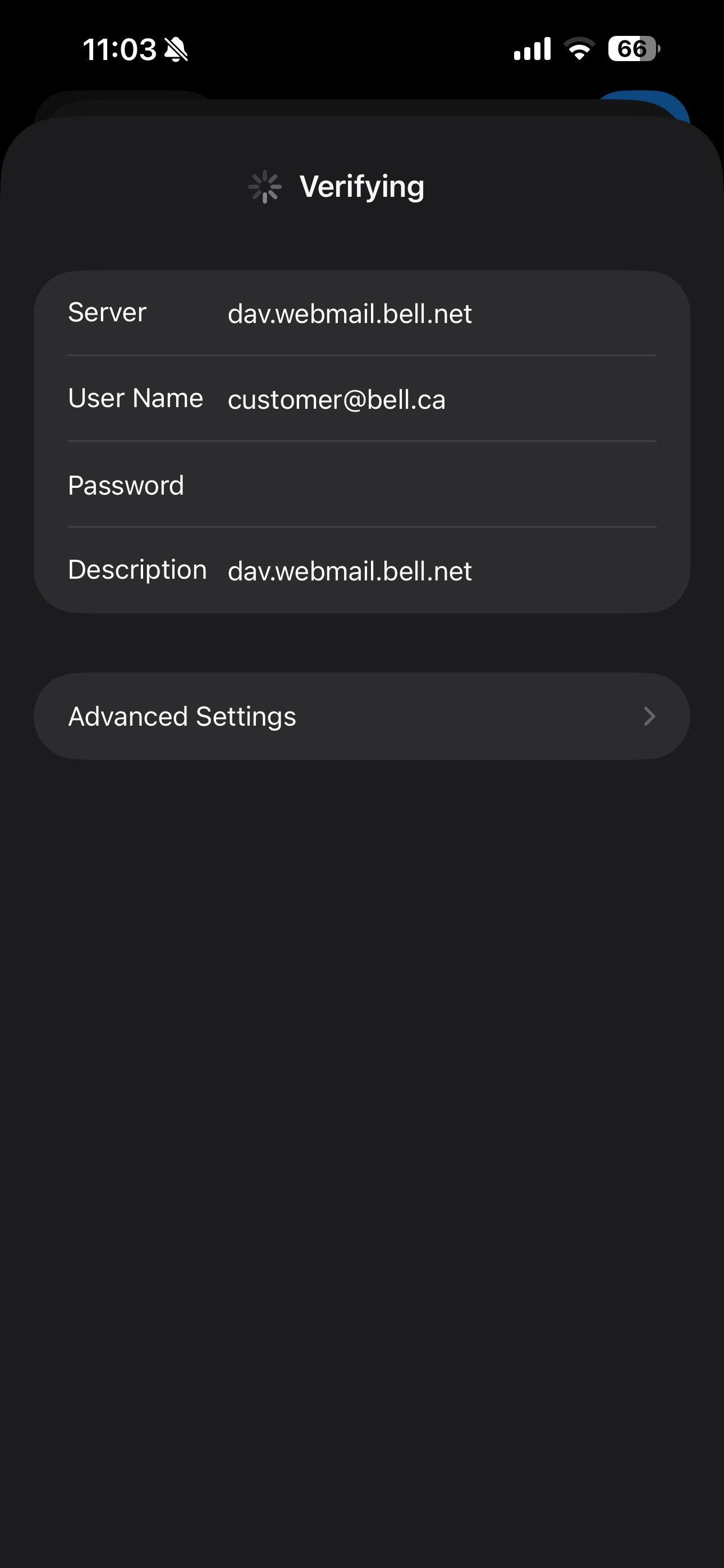 Wait while the settings are verified, Your Bell email calendar is now synced with your iPhone.