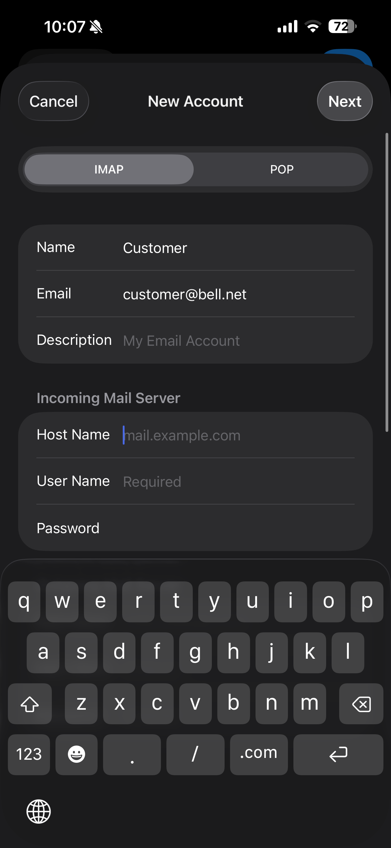 Under INCOMING MAIL SERVER, touch Host Name and Enter imap.bell.net as the incoming host name.
