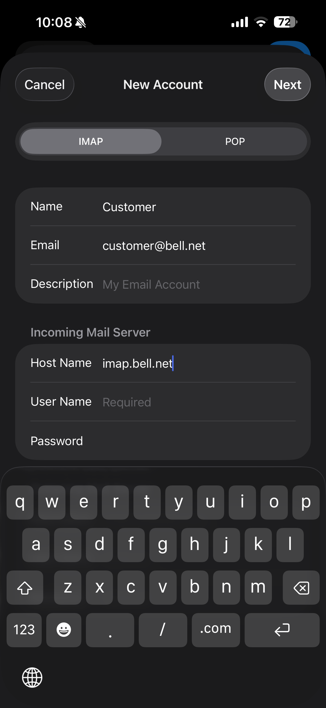 Touch User Name and enter your Bell email address as the username.
