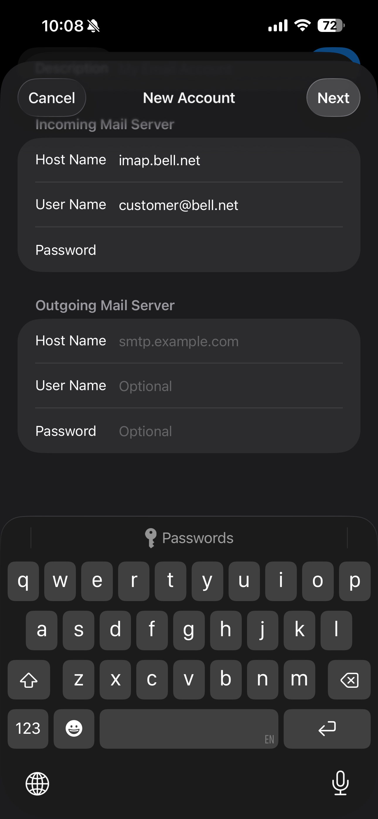 Under OUTGOING MAIL SERVER touch Host Name and Enter smtphm.sympatico.ca as the outgoing host name.
