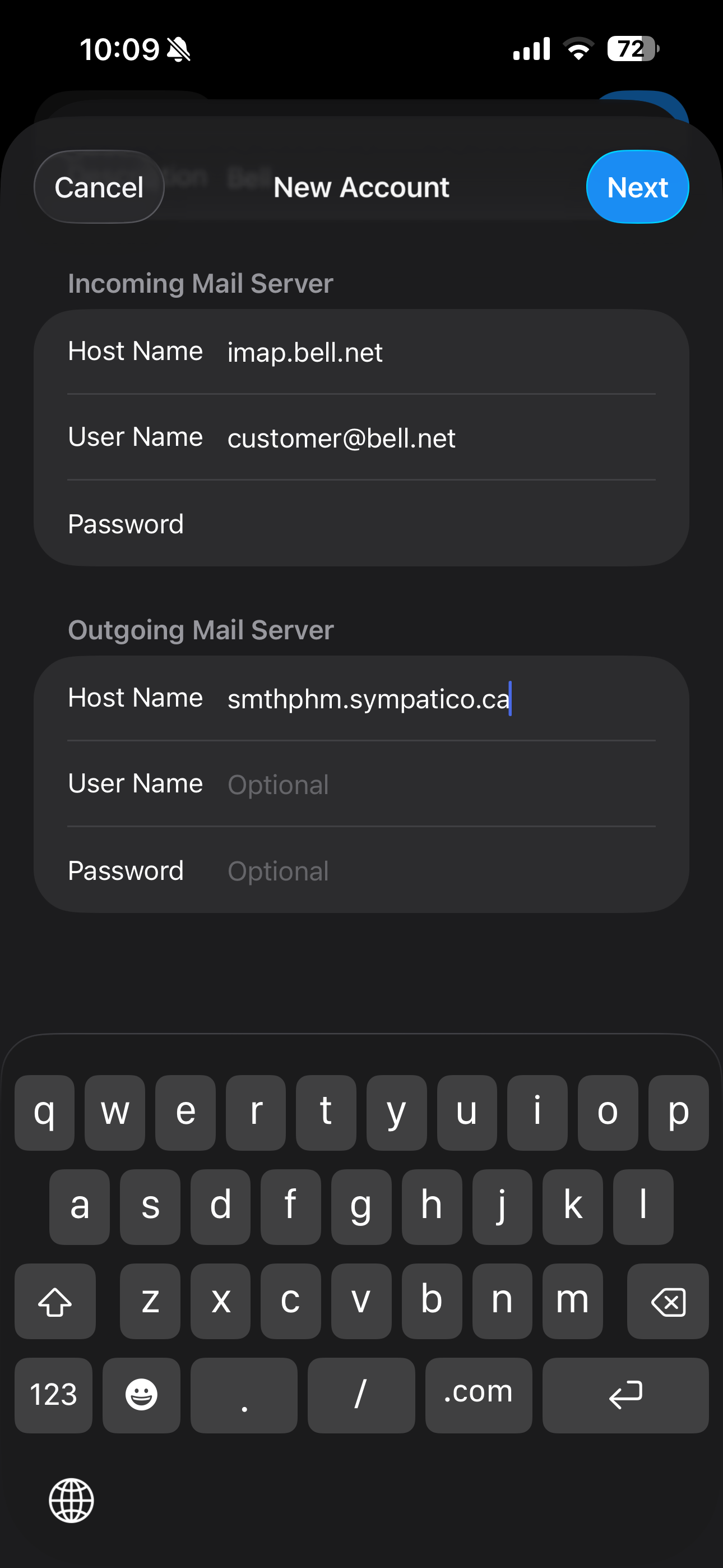 Touch User Name and Enter your Bell email address as the username.