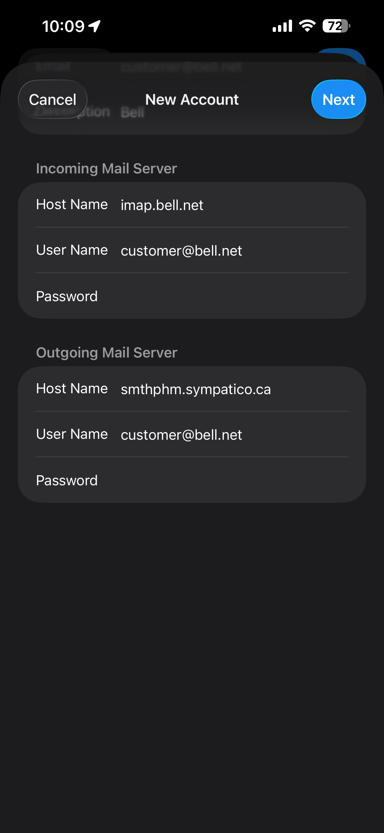 Touch Password and enter your Bell email password.