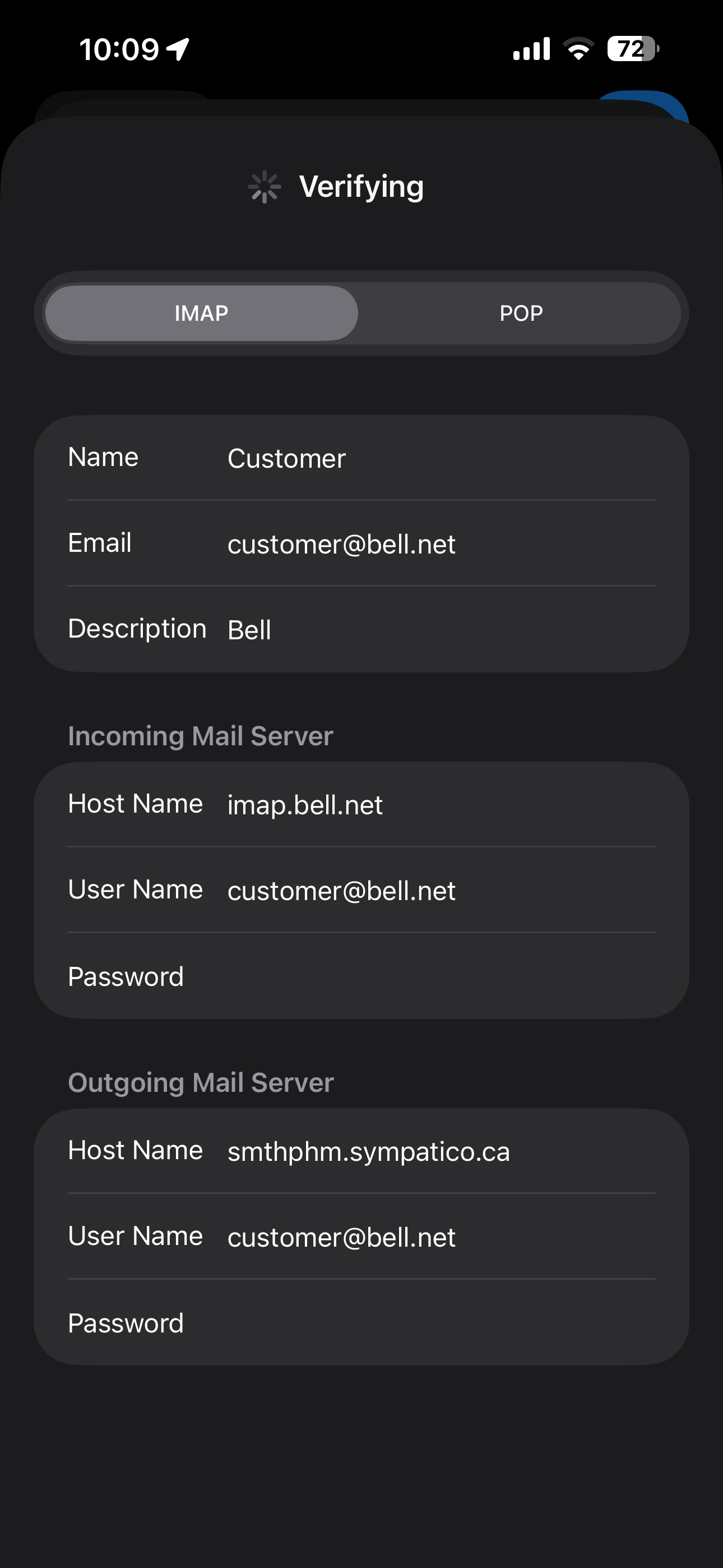 Wait while the email settings are verified.