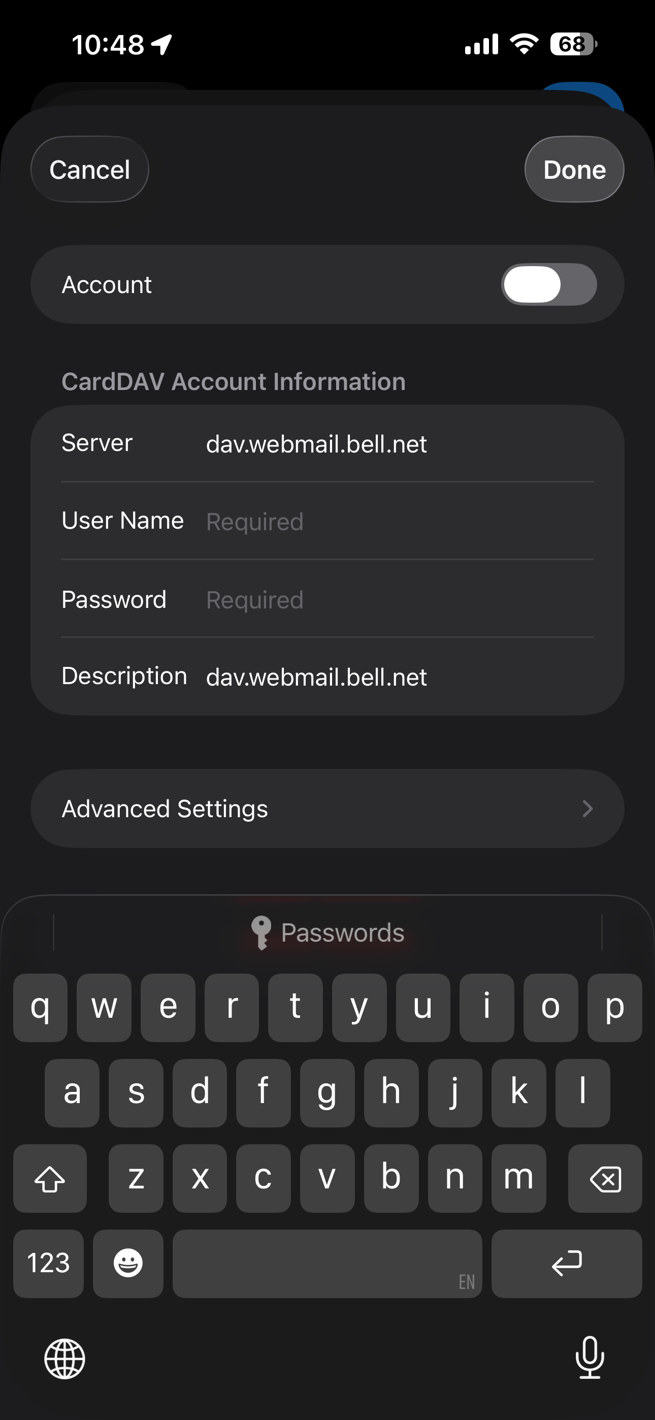 Touch User Name and Enter your Bell email address.