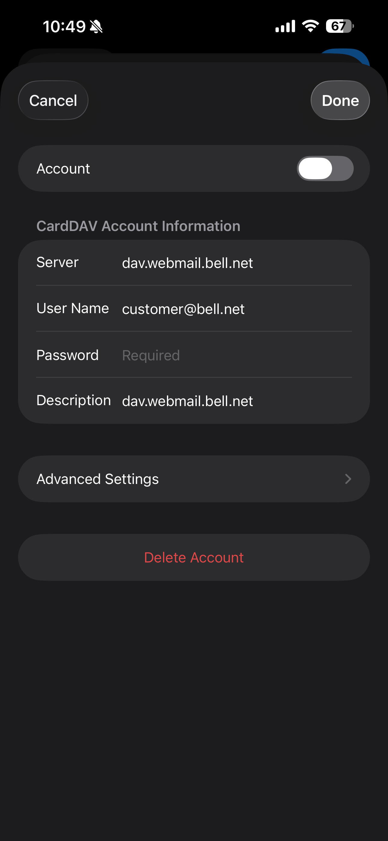 Touch Password and enter your Bell email password.