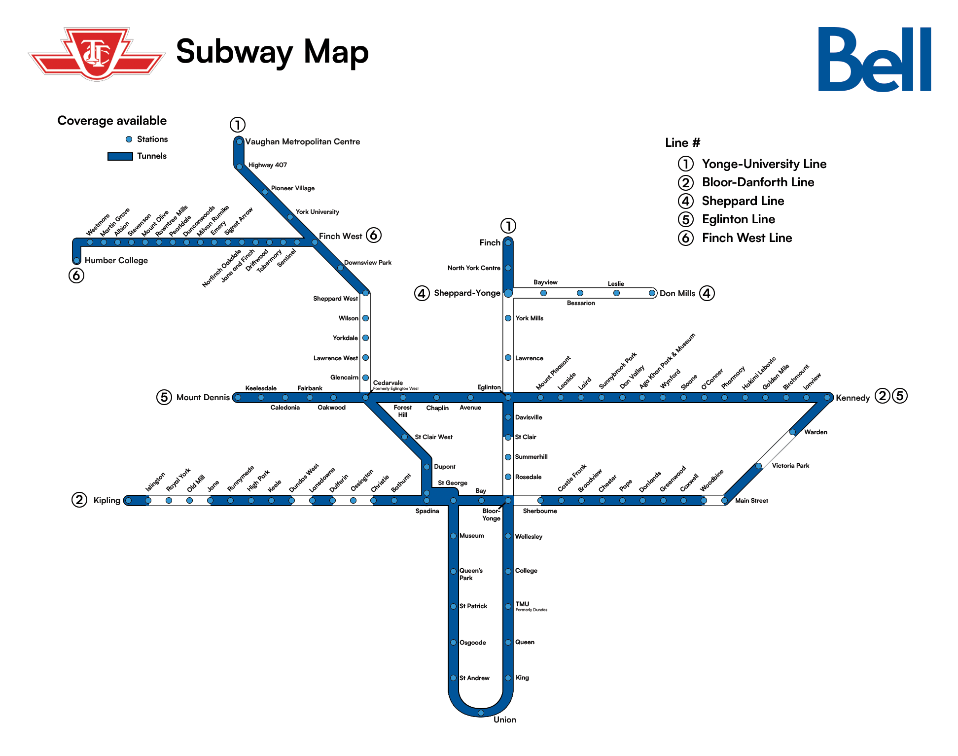 Coverage map showing Bell Mobility service areas on the Toronto subway (TTC).