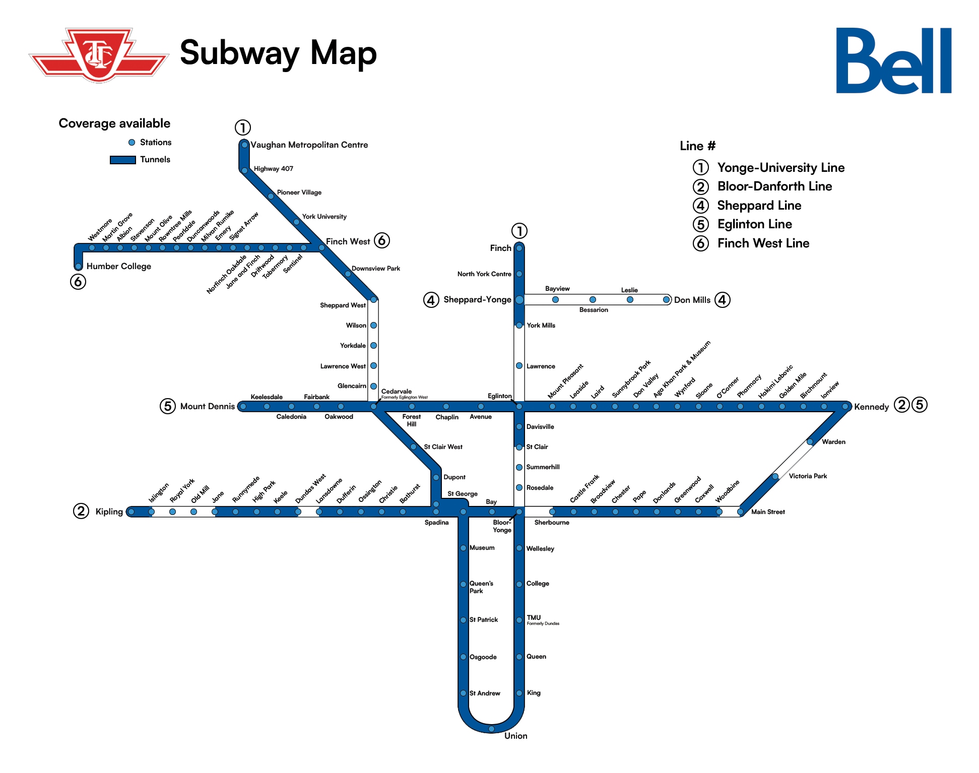 Coverage map showing Bell Mobility service areas on the Toronto subway (TTC).