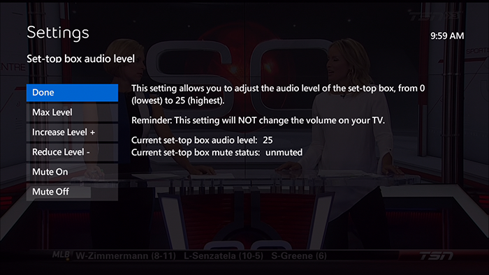 Example of setting for the set-top box audio level