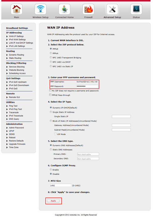 Actiontec GT784WNV applying PPPoE
