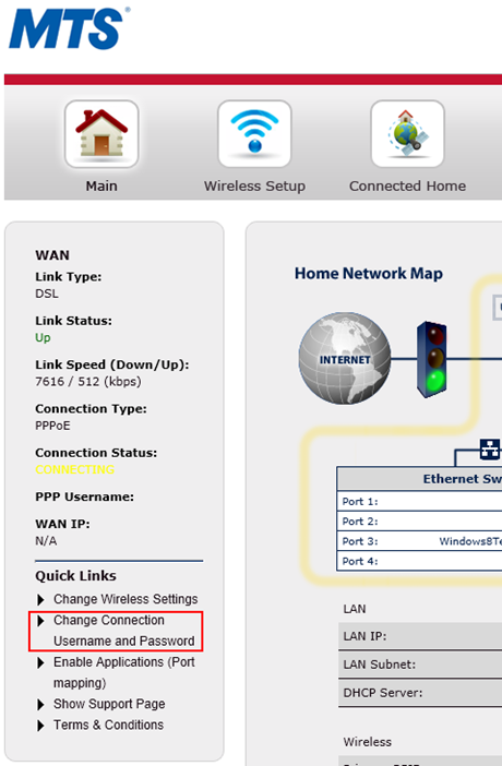 Actiontec GT784WNV Change Connection User and Password option