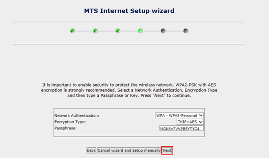 Example of Network Authentication and Encryption Type and Passphrase for Actiontec GT784WNV