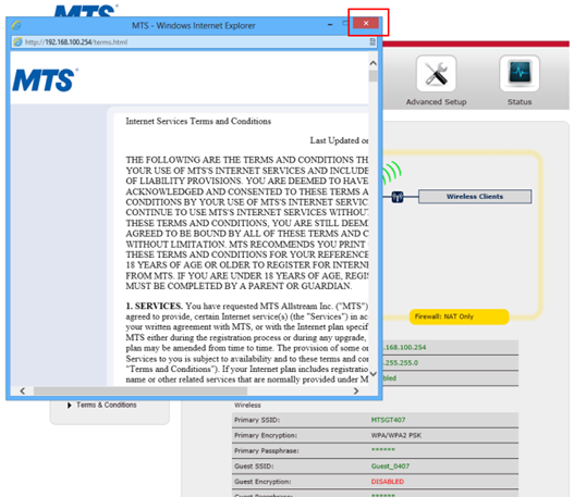Actiontec GT784WNV Wizard T&C screen