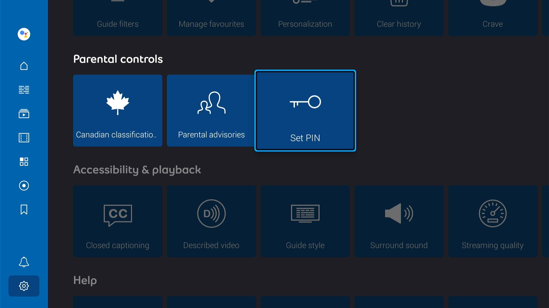 Highlighting the Set PIN button in the Parental controls row of the Settings