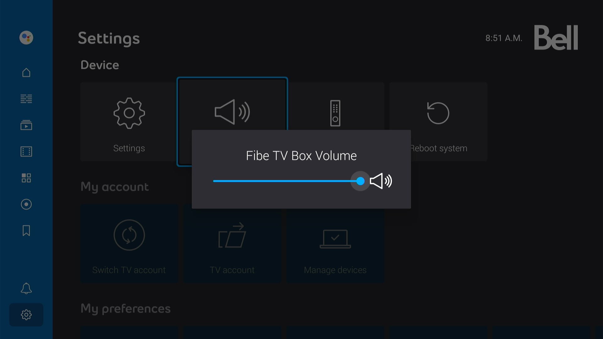 Highlighting the Fibe TV Box volume in the Device row of the
          Settings