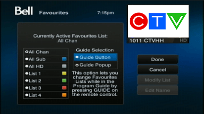 Select Guide Button to display your favourites list within the programming guide.