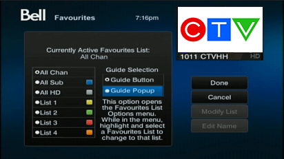 You can also view as a popup, select Guide Popup to display your favourites in a list on top of the programming guide.