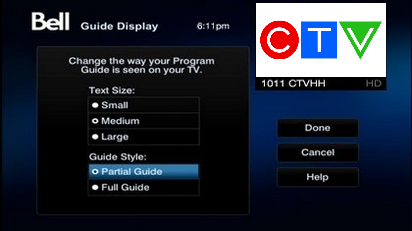 Select Partial Guide to display the program guide with a small video of the channel currently being watched in the upper right hand corner.