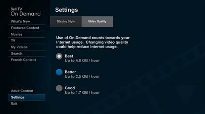 Scroll to the desired video quality setting and press SELECT. A lower setting consumes less Internet usage.