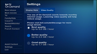 Scroll to the desired video quality setting and press select. A lower setting consumes less Internet usage.
