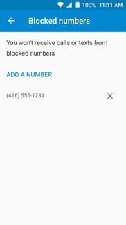 To remove a phone number from the block list: touch the X icon next to the phone number.