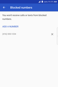To remove a phone number from the block list: touch the X icon next to the phone number.