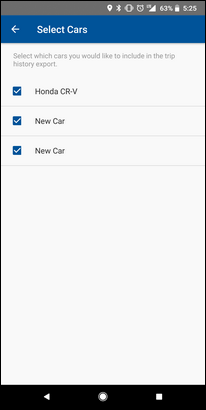 Ensure the desired cars history that you want to export has a checkmark next to it, then touch the Back icon.
