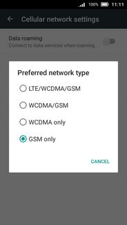 Touch the desired option, e.g., LTE/WDCMA/GSM.