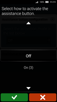 Scroll to the required option, e.g., On (3).Note: With this option, press the assistance button 3 times within 1 second. The assistance call begins after a delay of 5 seconds. In this time, you can prevent a possible false alarm by pressing Cancel.