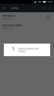 The APN settings have been reset to default.