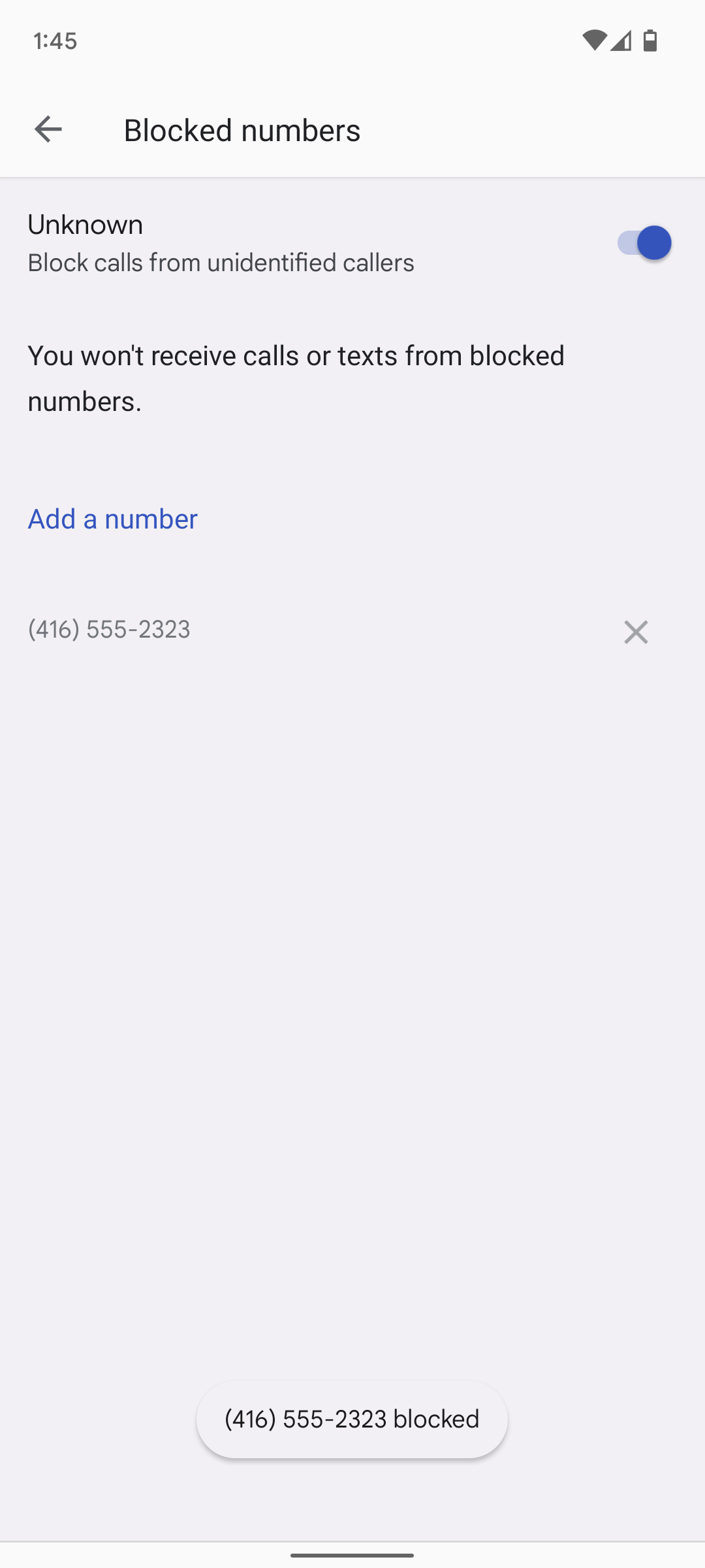To remove a phone number from the block list: touch the x icon next to the phone number.
