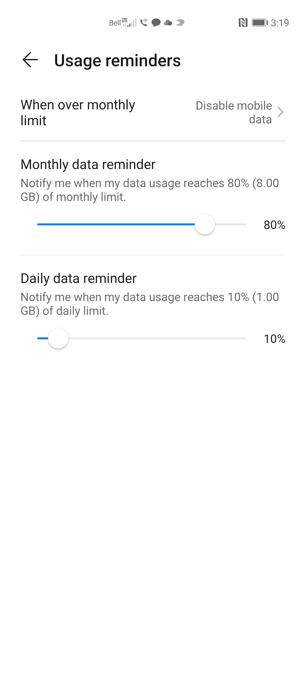 Drag the Monthly data reminder slider to the desired amount.