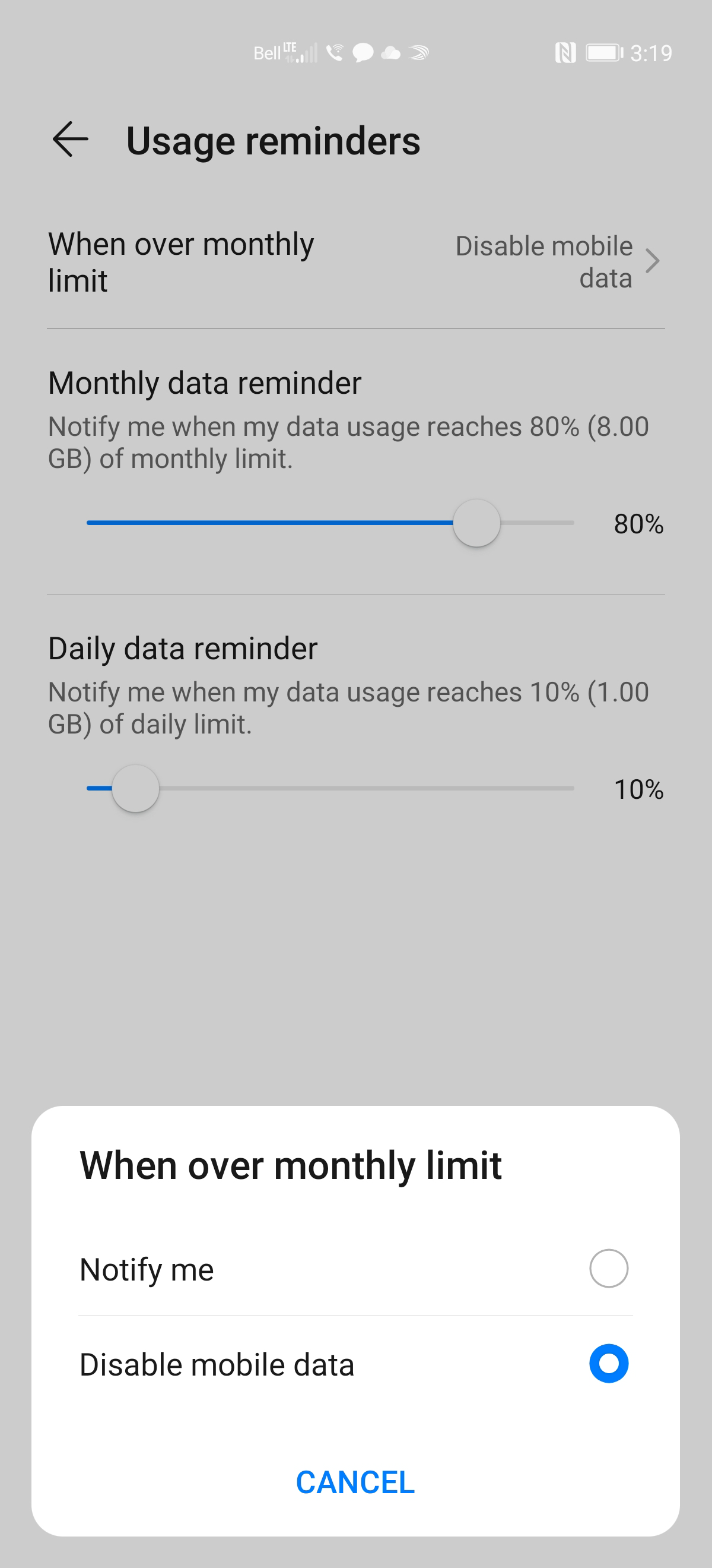 Drag the Daily data reminder slider to the desired amount.