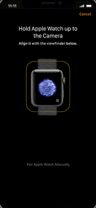 Hold the Apple Watch face up to the camera with the animation on the Apple Watch in the centre of the viewfinder on your iPhone.