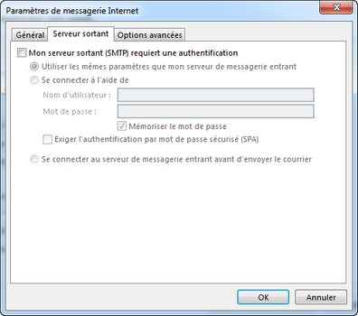 Choisissez Mon serveur sortant (SMTP) nécessite une authentification.