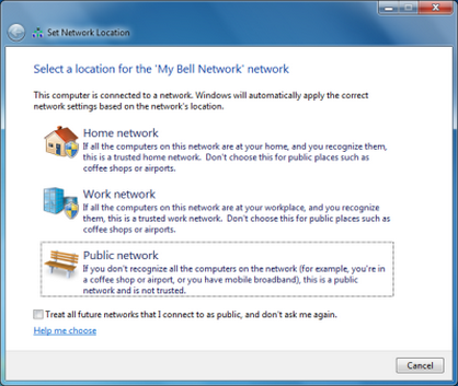 Select the appropriate network location (e.g., Home network).