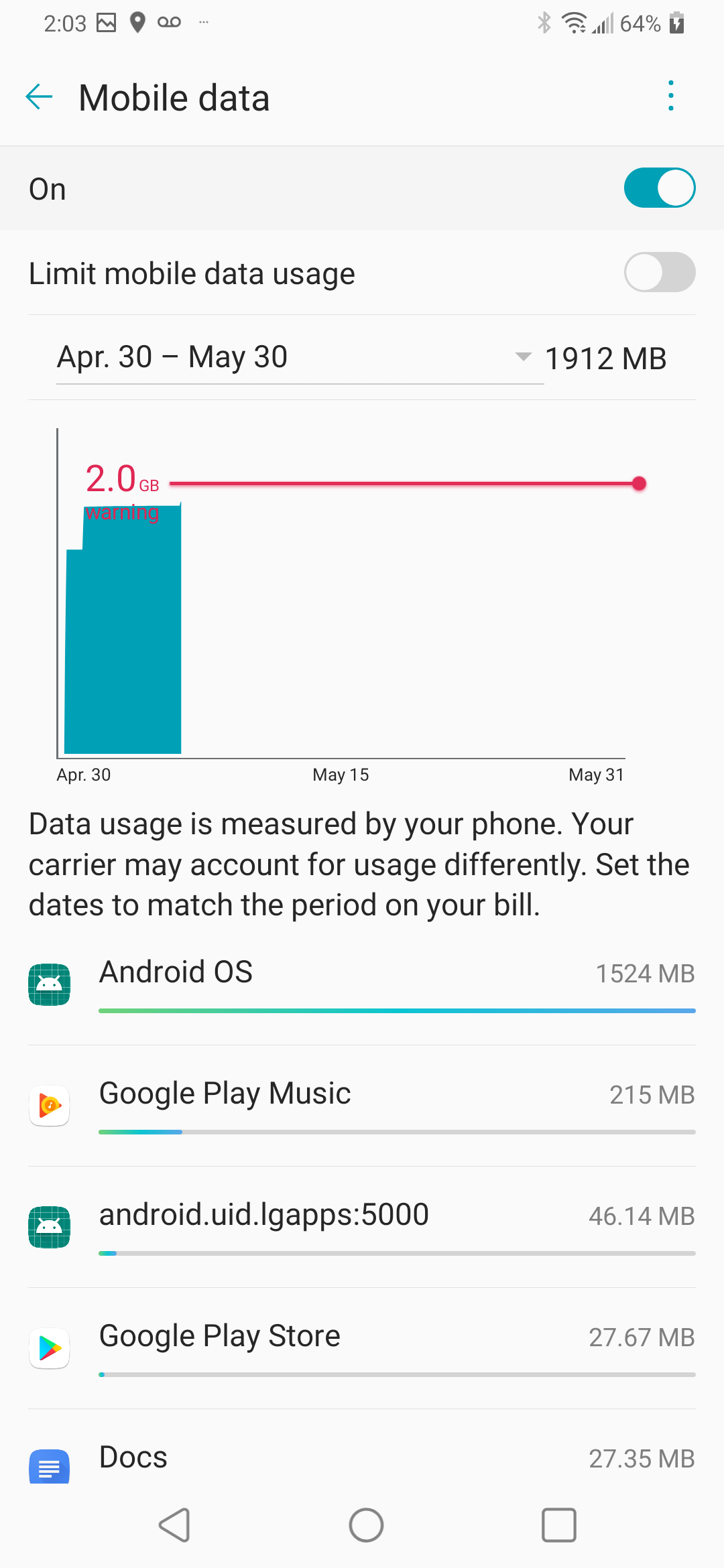 Touch the Limit mobile data usage slider to turn it on.