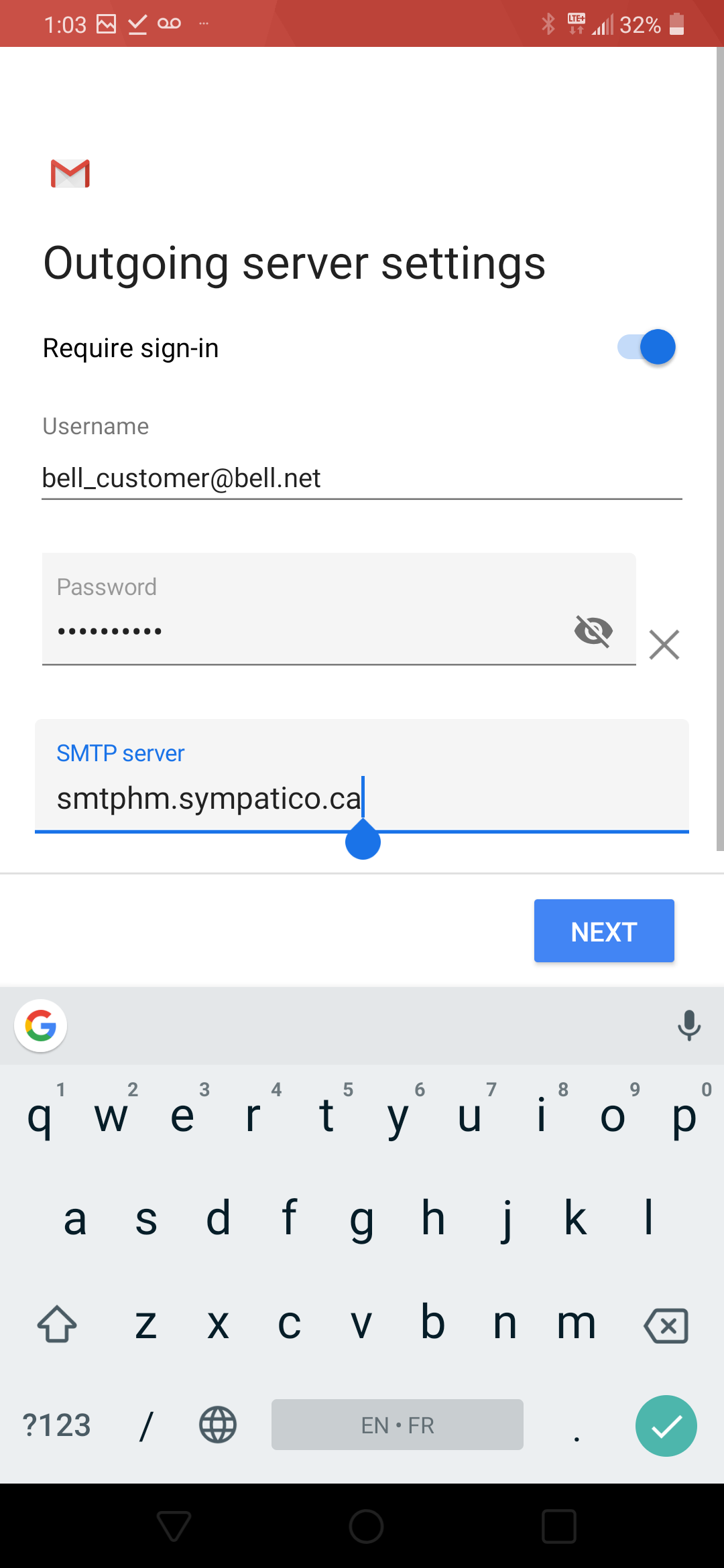 Enter smtphm.sympatico.ca as the SMTP server.