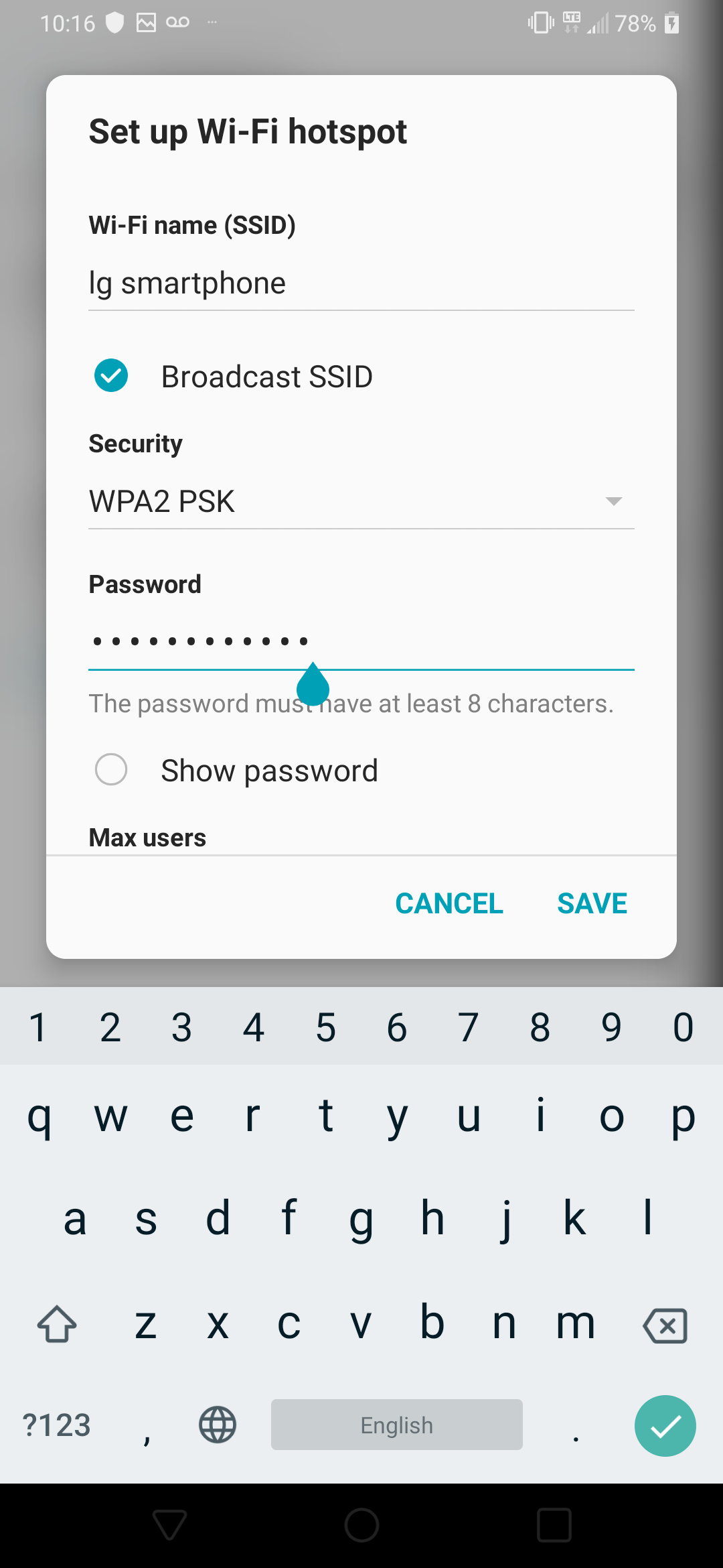 To change the network password, delete the existing password and enter a new one.